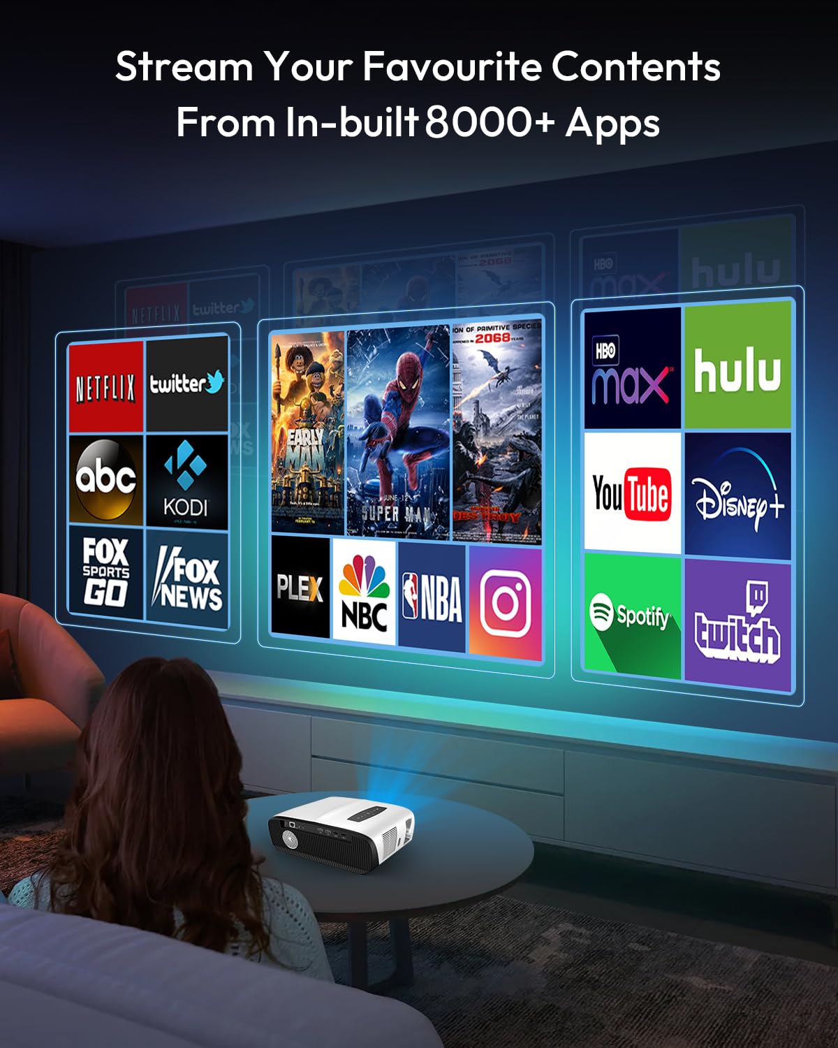 Auto Focus Daytime 4K Projector With 5G Wifi Bluetooth 1000 Ansi Daylight Smart Projector With Streaming Apps For 300'' Projecti